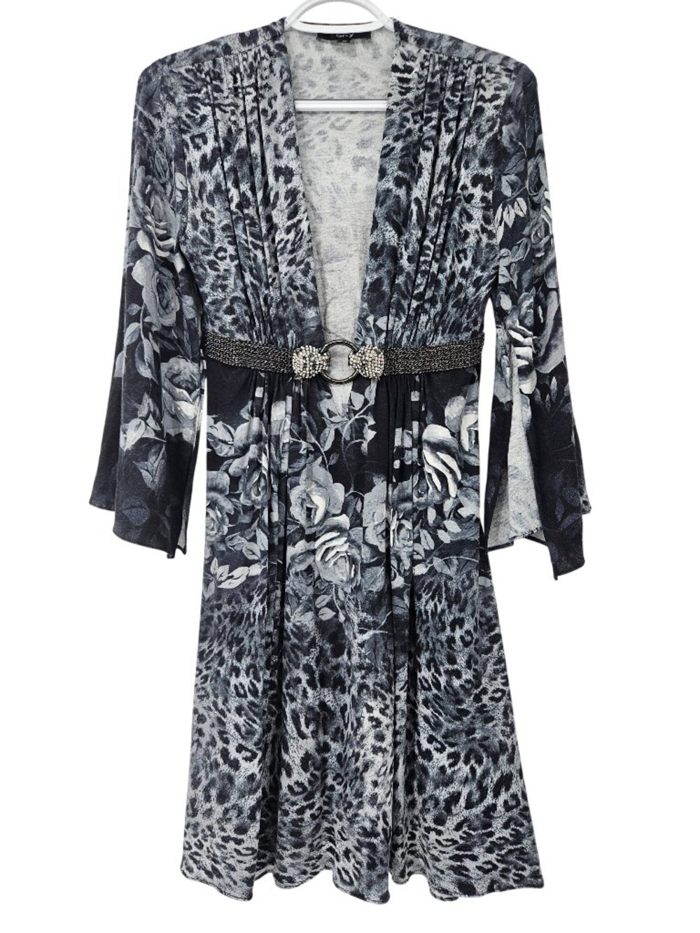 Sky Floral Animal Print Embellished Mini Dress Black & Gray Women's Size L